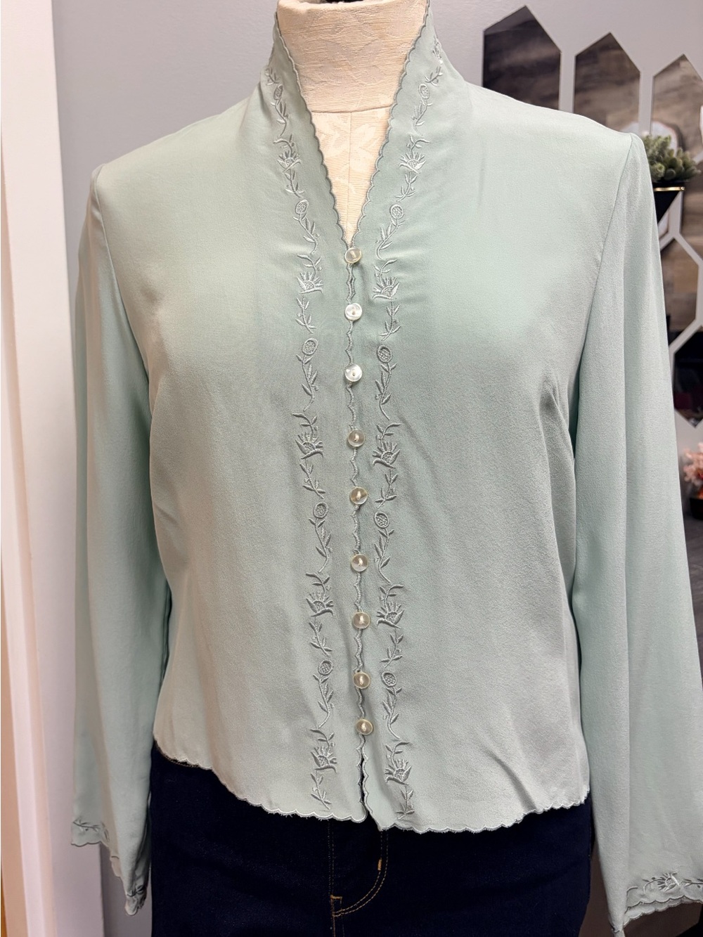 Laura Ashley Mint Green Embroidered Button-Front Silk Blouse